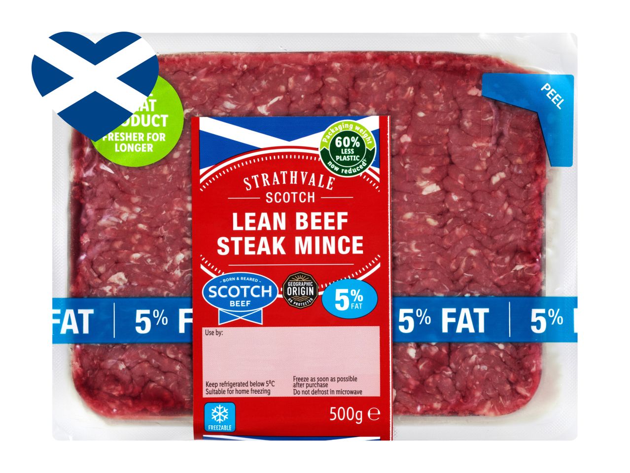 5% Strathvale Scotch Lean Beef Steak Mince packaging.
