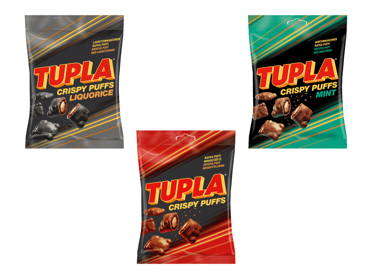 Kolme pussia rapeita puffeja: lakritsi, nougat ja minttu.