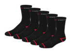 Sechs Paar schwarze Socken mit roten Details.