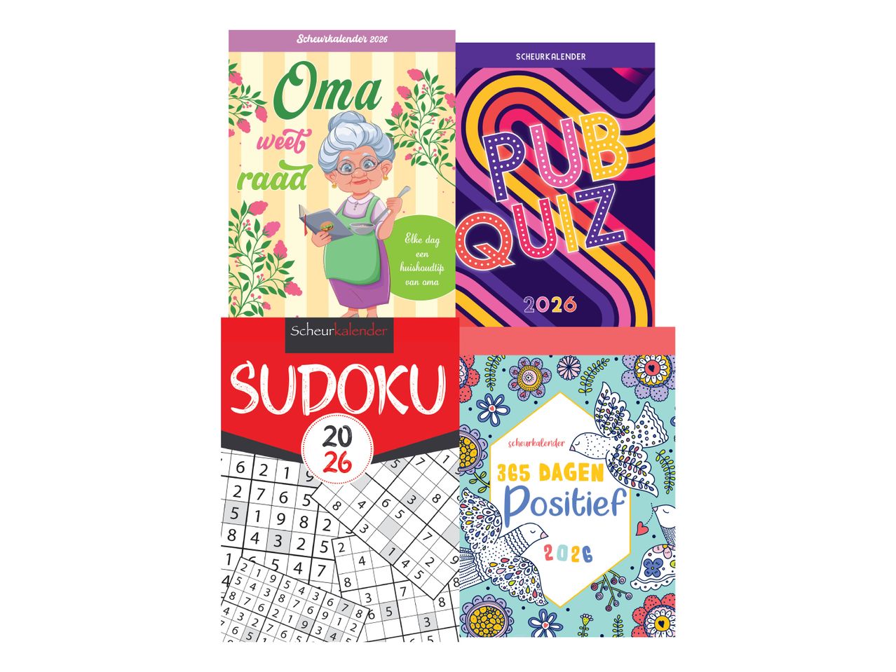 Vier scheurkalenders voor 2026: Oma weet raad, Pub Quiz, Sudoku en 365 Dagen Positief.