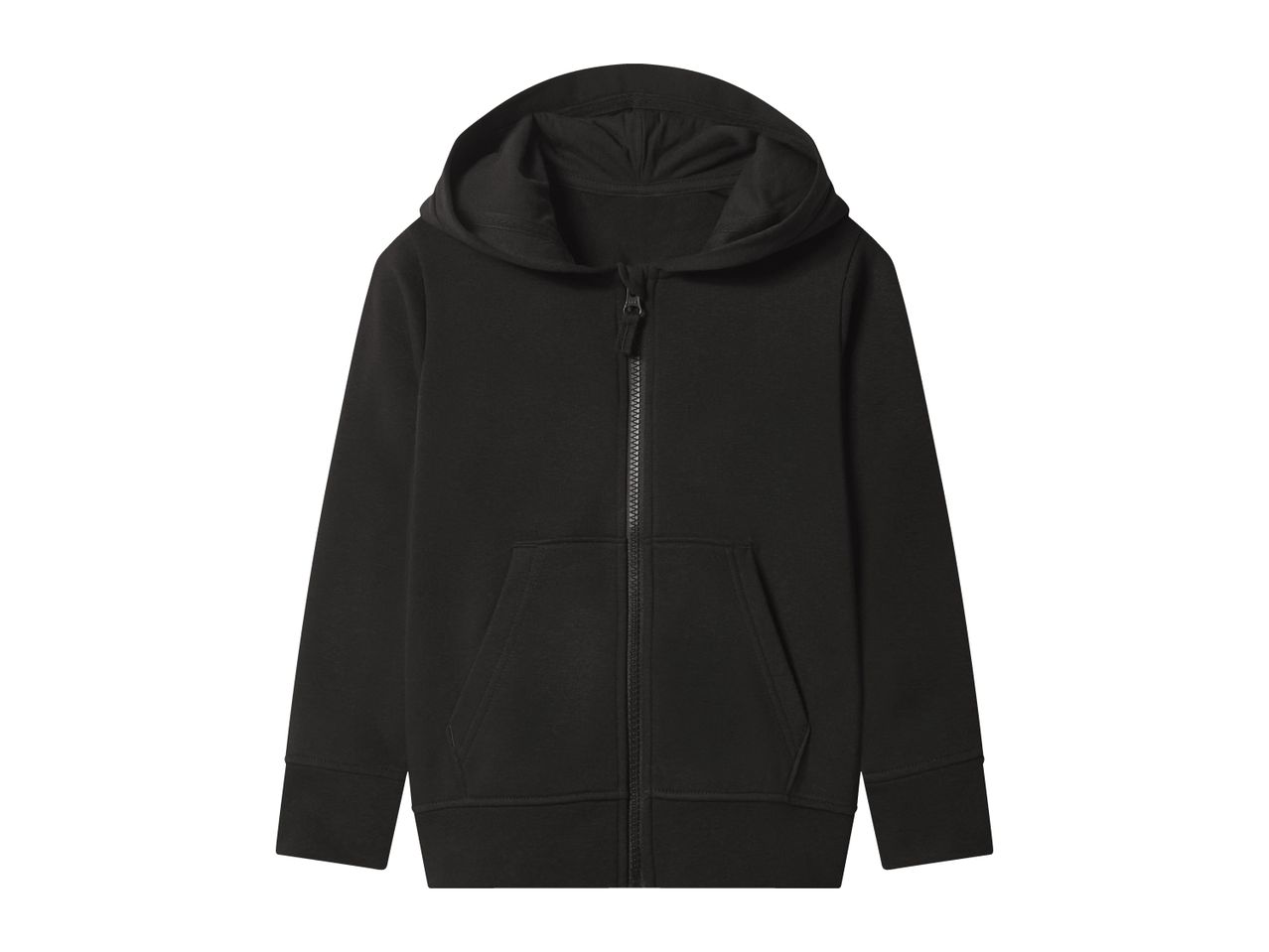 Black full-zip hoodie with a hood and front pockets.
