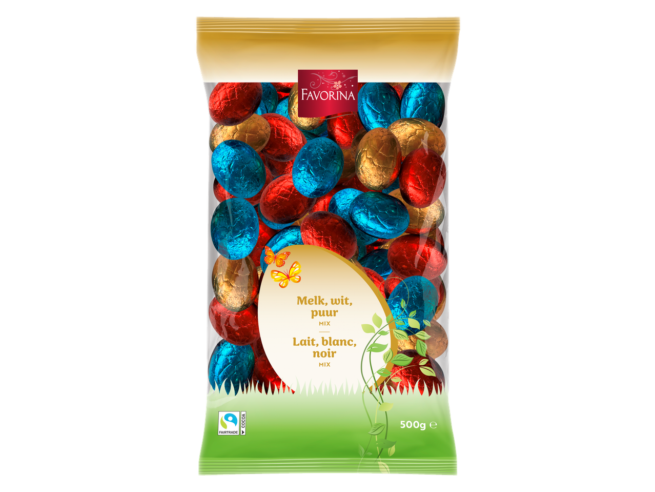 Favorina paaseieren mix: melk, witte en pure chocolade, 500g.