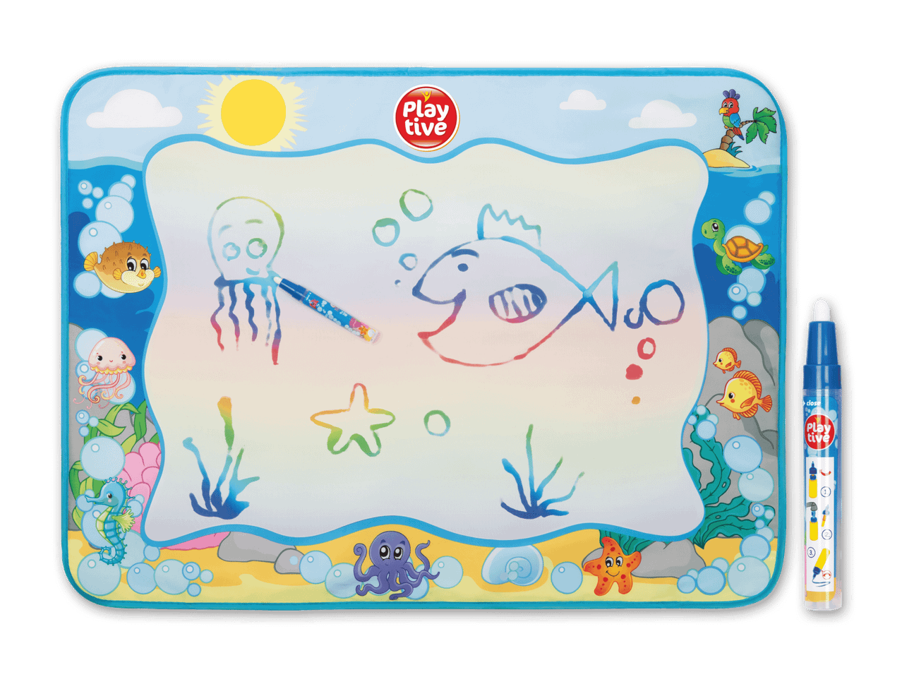 Ein Aqua Doodle-Malunterlage mit Meeresmotiv und Wassermalstift.