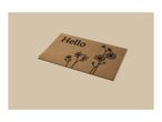 Coir doormat with 'Hello' text and floral design on a beige background