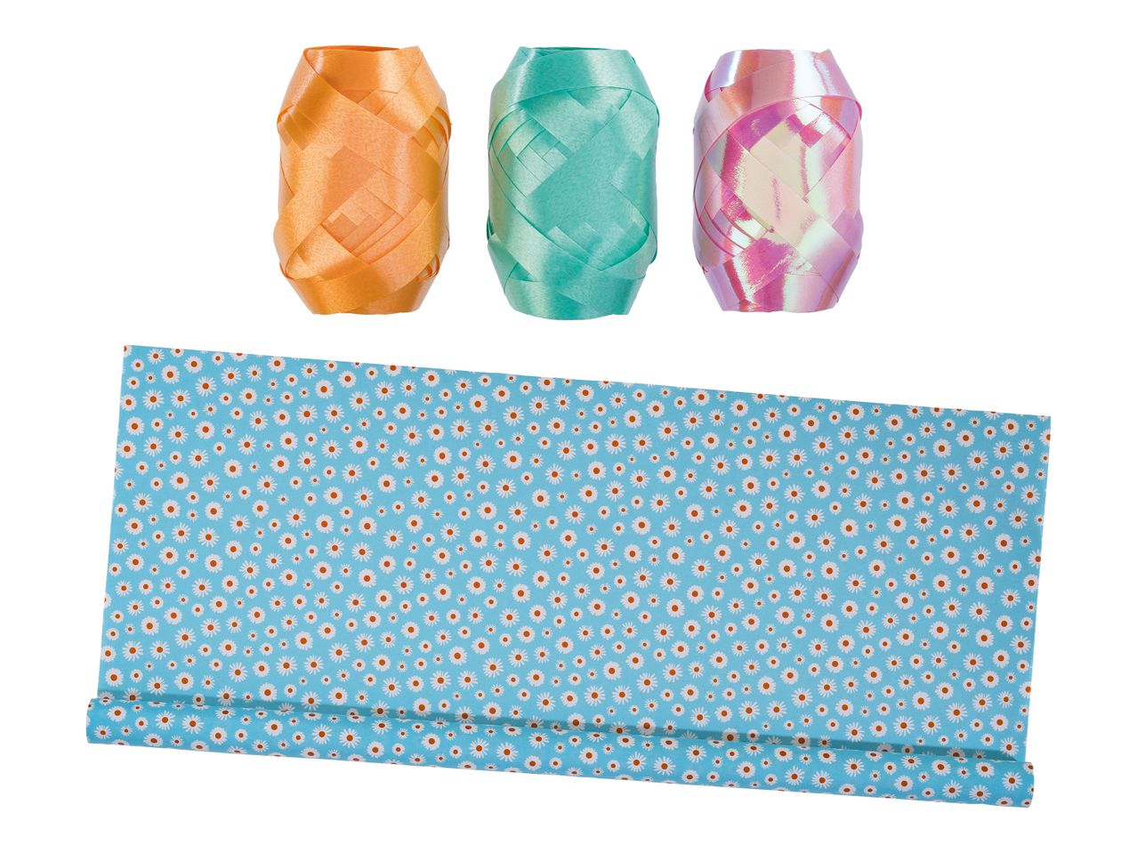 Geschenkpapier mit Gänseblümchenmuster und drei Rollen Geschenkband in Orange, Türkis und Pink.