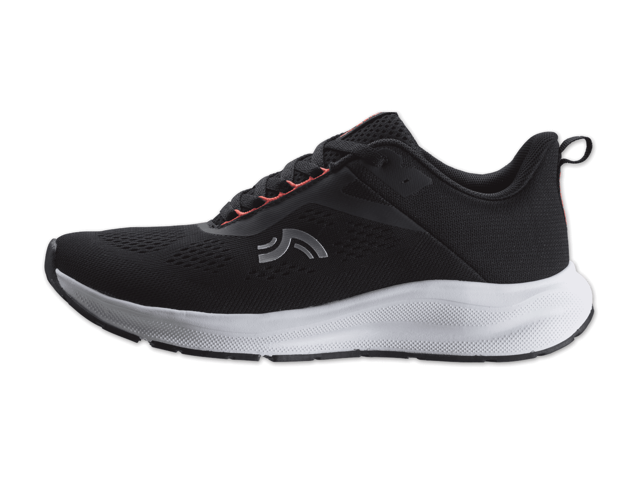 Schwarzer Sportschuh mit weißer Sohle und orangefarbenen Akzenten, Seitenansicht.