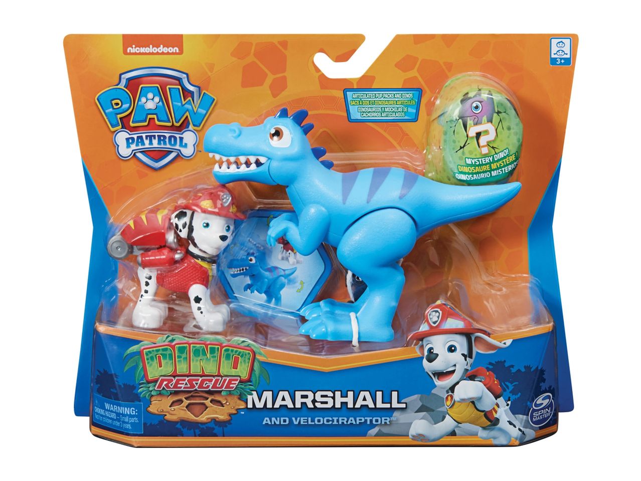 Paw Patrol Dino Rescue Marshall and dinosaur toy set.