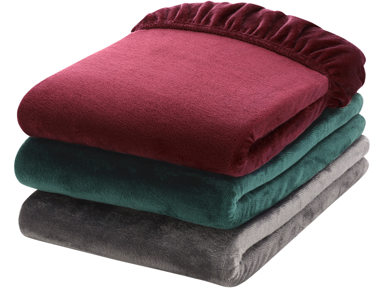 LIVARNO Pliušo paklodė su guma: pliušinių paklodžių krūva bordo, žalios ir pilkos spalvos