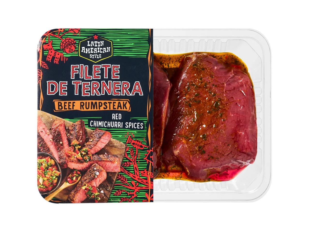 Verpakking met gemarineerde biefstuk, Latijns-Amerikaanse stijl, met chimichurri kruiden.