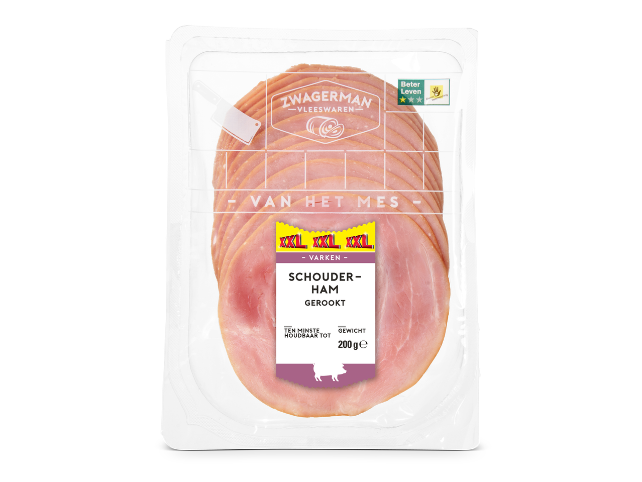 Verpakking gerookte schouderham van varkensvlees, 200g.