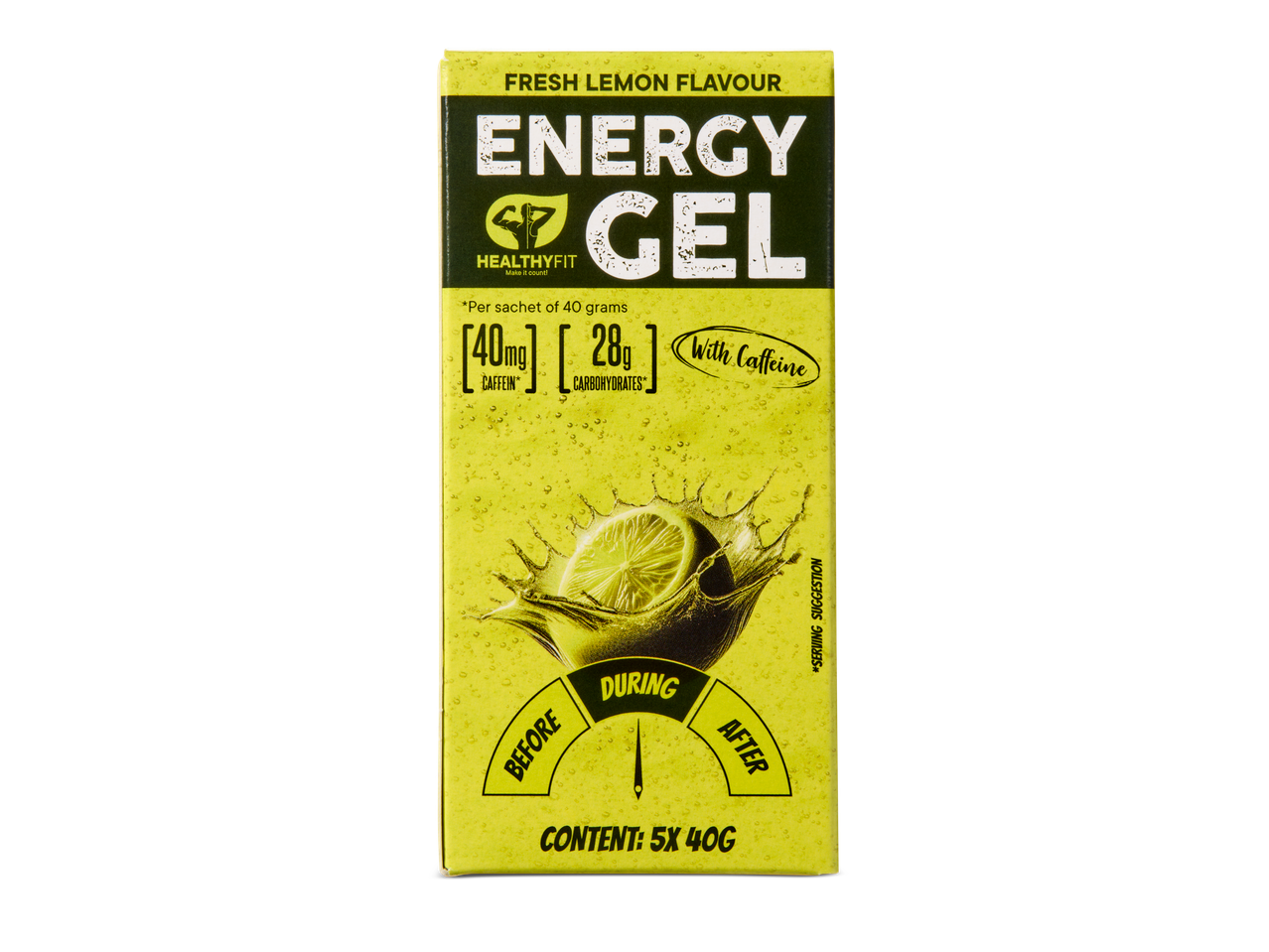 Healthy Fit Sportgel Citroen met 40 mg cafeïne en 28 g koolhydraten per zakje