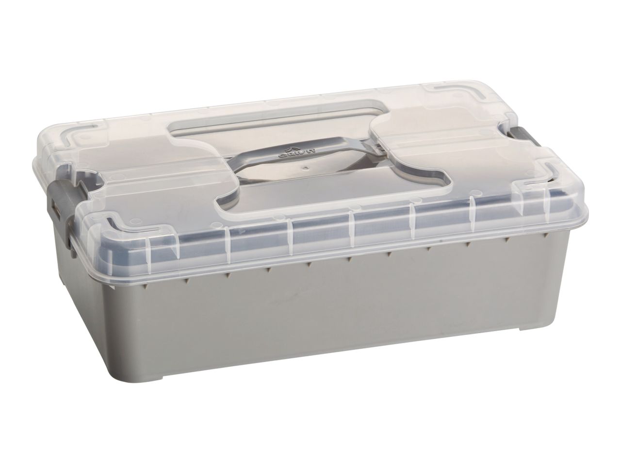 A gray plastic storage box with a clear lid and a metal handle.