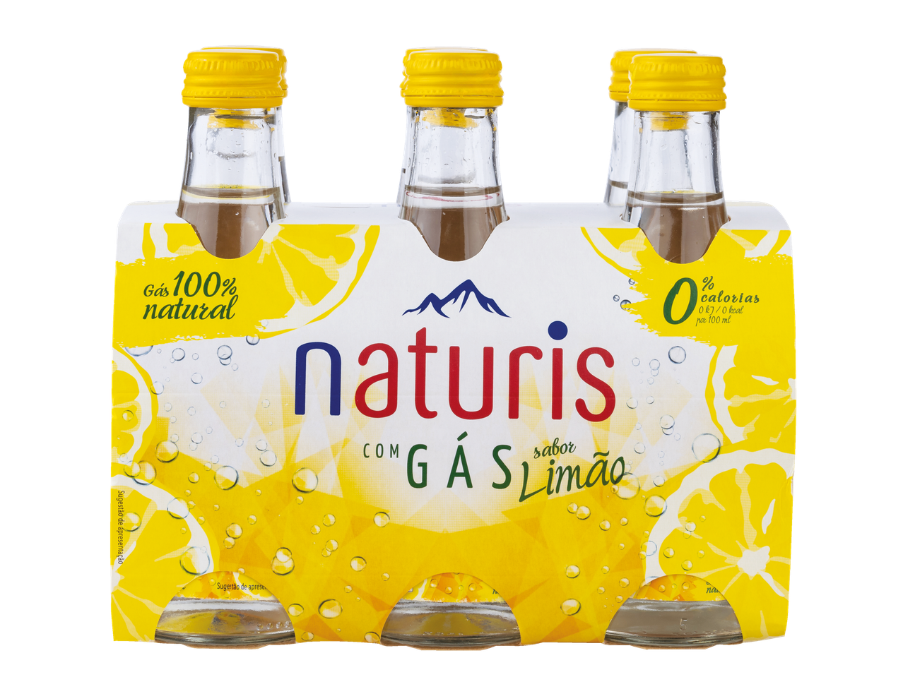 Pacote de água com gás sabor limão Naturis.