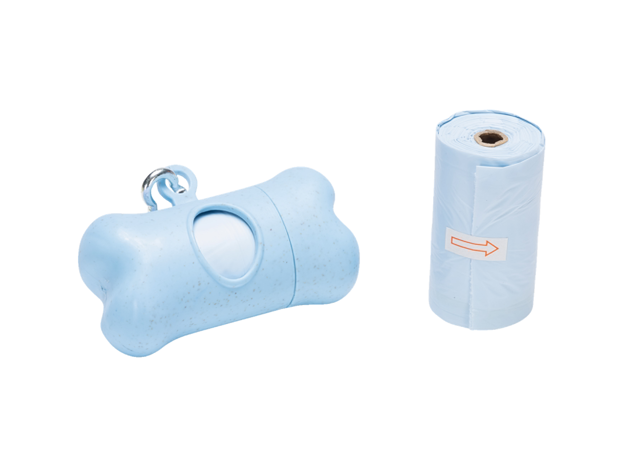 KARLIE Poop Bag Holder in bone shape with a roll of blue poop bags.