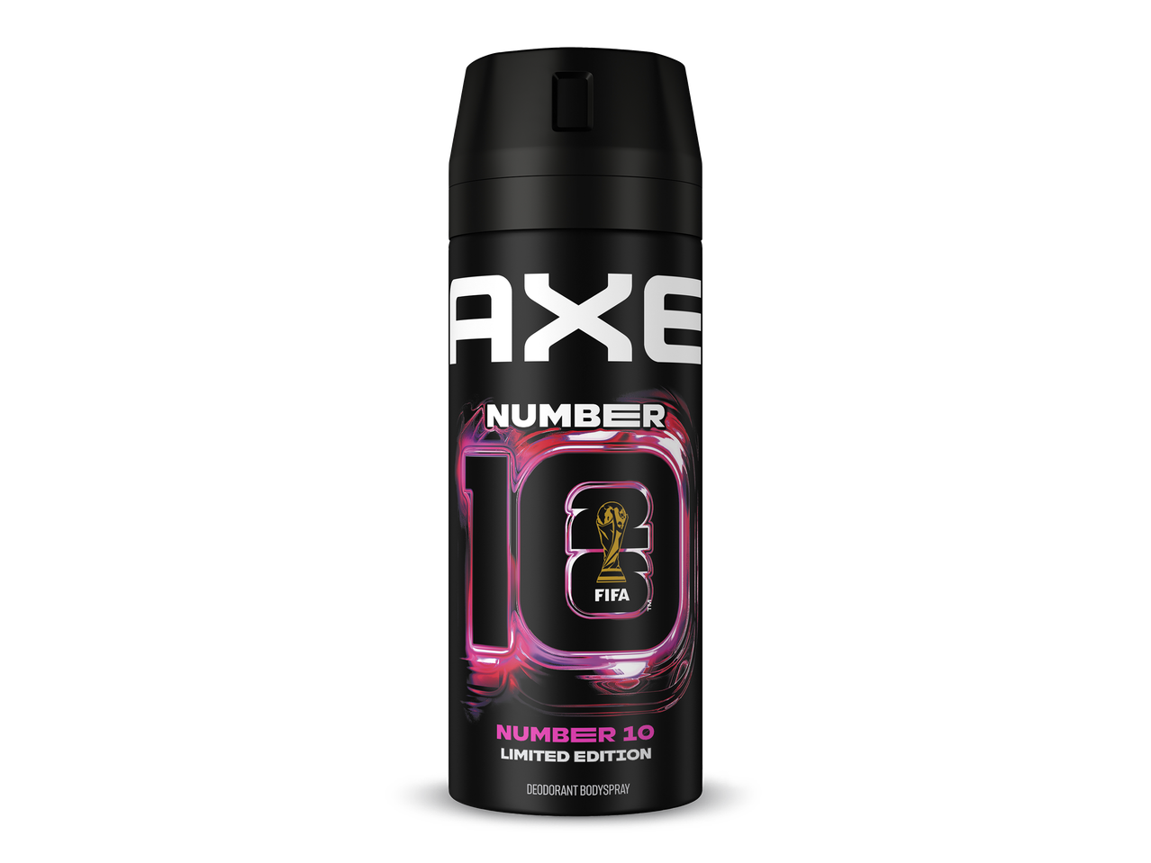 Zwarte deodorant bodyspray met roze en paarse 'NUMBER 10' en FIFA World Cup-logo.