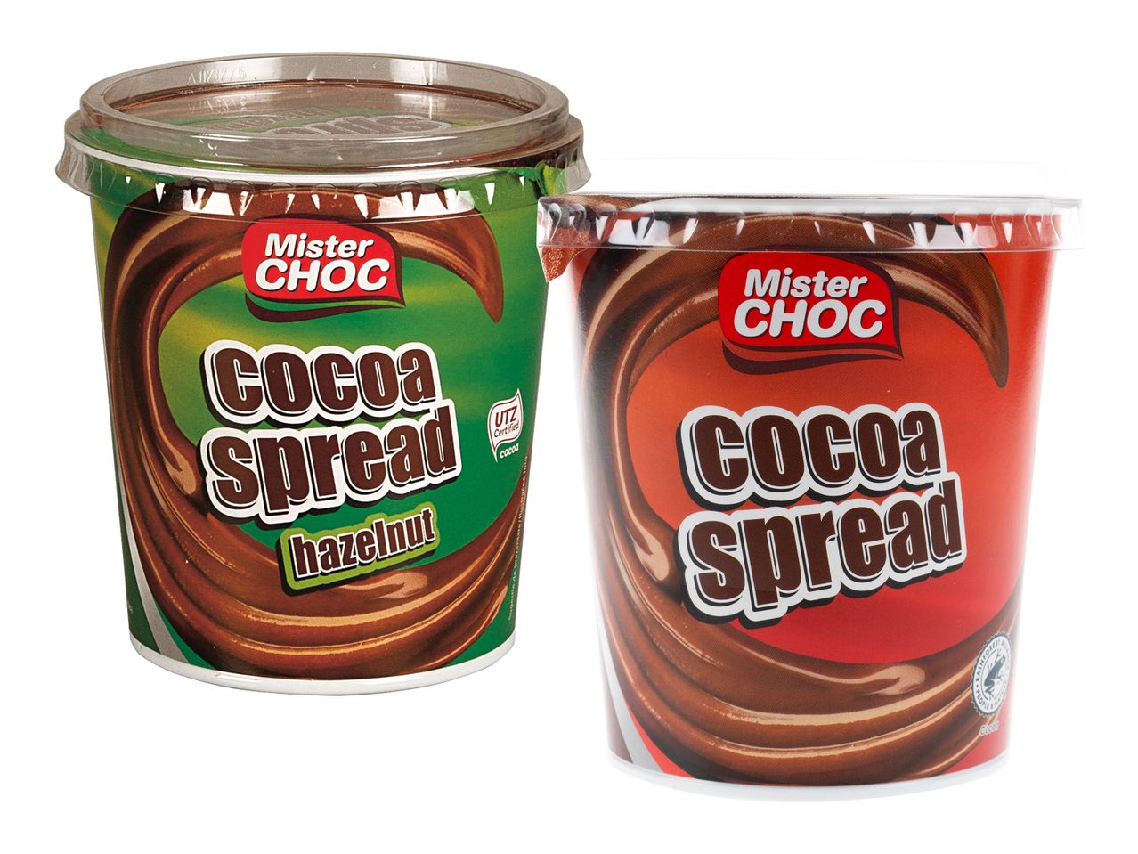 Borcane cu cremă de cacao Brio Choc, în variante verde și roșu.
