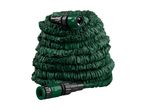Green garden hose, coiled and ready to use.