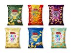 Seks poser chips i forskellige smagsvarianter, herunder sour cream & onion, ost og havsalt.
