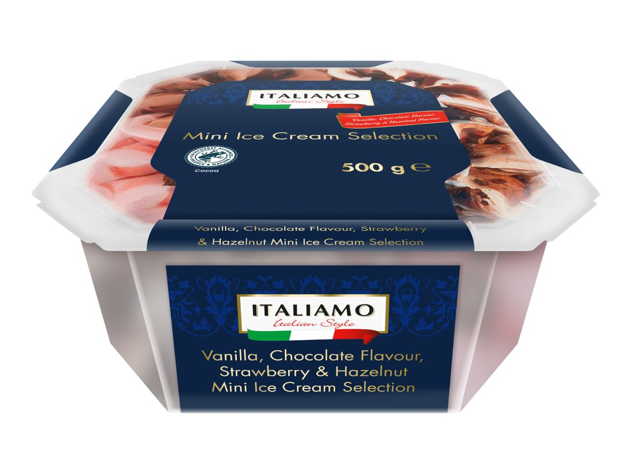 Mini ice cream selection with vanilla, chocolate, strawberry, and hazelnut flavors, 500g.