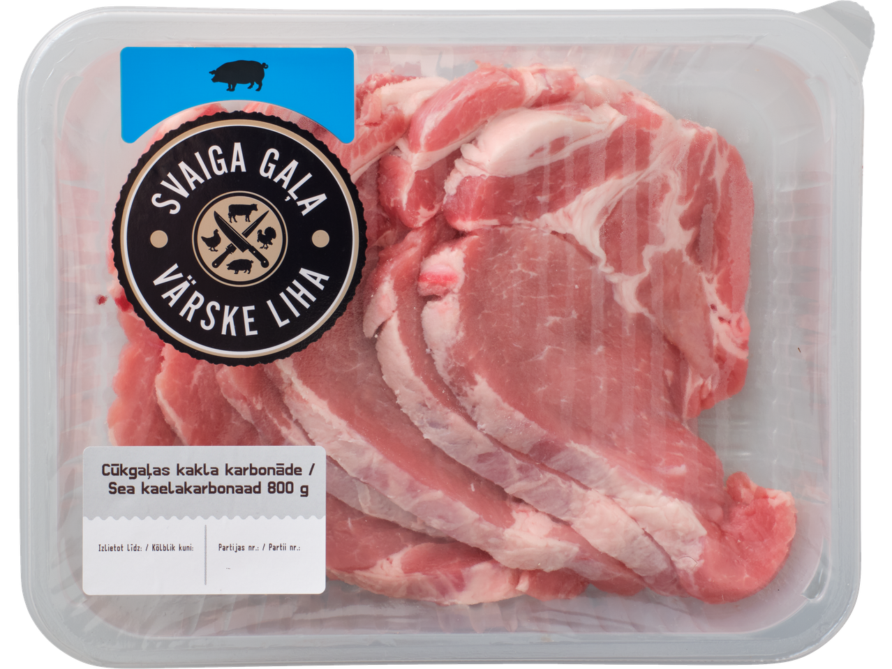 Pakend värskete seakaelakarbonaadidega, 800 g, sildil kiri 'SVAIGA GALA VÄRSKE LIHA'.