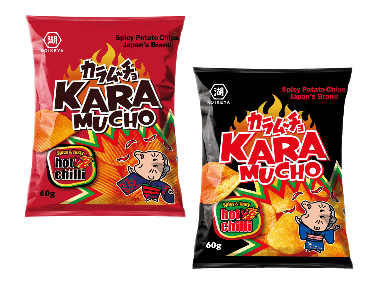 Kaksi Koikeya Kara Mucho -perunalastupussia, toinen punainen ja toinen musta, molemmissa on tulinen chili-maku.