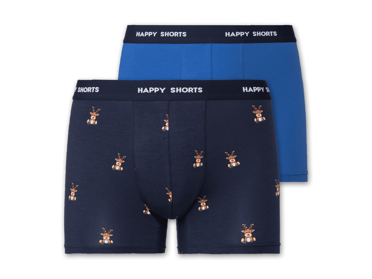 Zwei Happy Shorts Boxershorts, eine blaue und eine dunkelblaue mit Rentier-Muster.