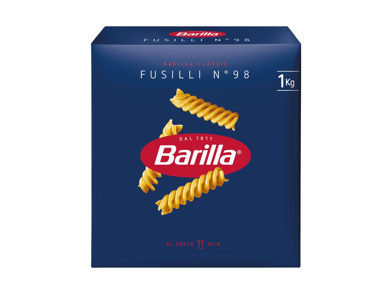Barilla Fusilli Nudeln, 1 kg Packung mit 11 Minuten Kochzeit.