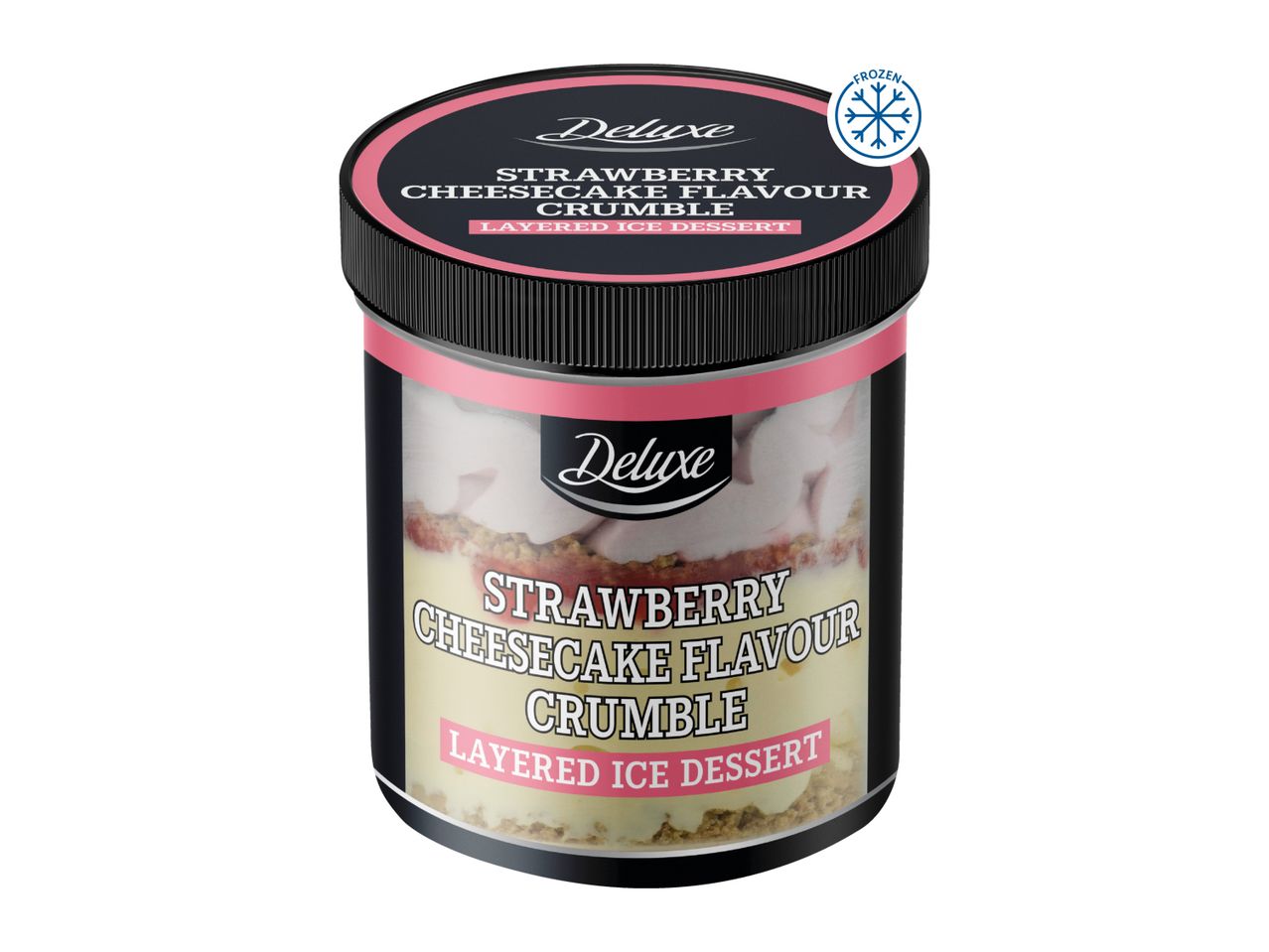 Strawberry cheesecake flavour crumble layered ice dessert in a clear tub with a black lid, marked as frozen.