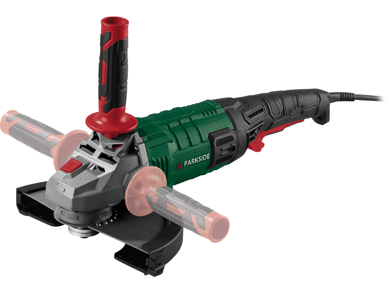 Angle grinder with a green and black body, red accents, and a black power cord.