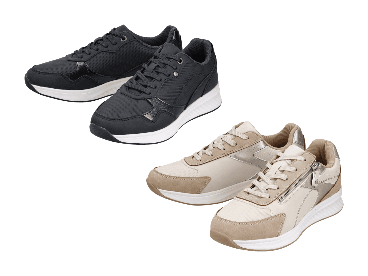 Zwei Paar Sneaker: ein schwarzes und ein beiges mit metallischen Details.