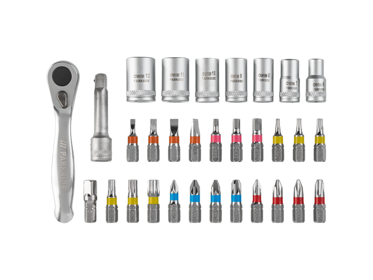 A Parkside ratchet and socket bits set with various sizes and types of bits.