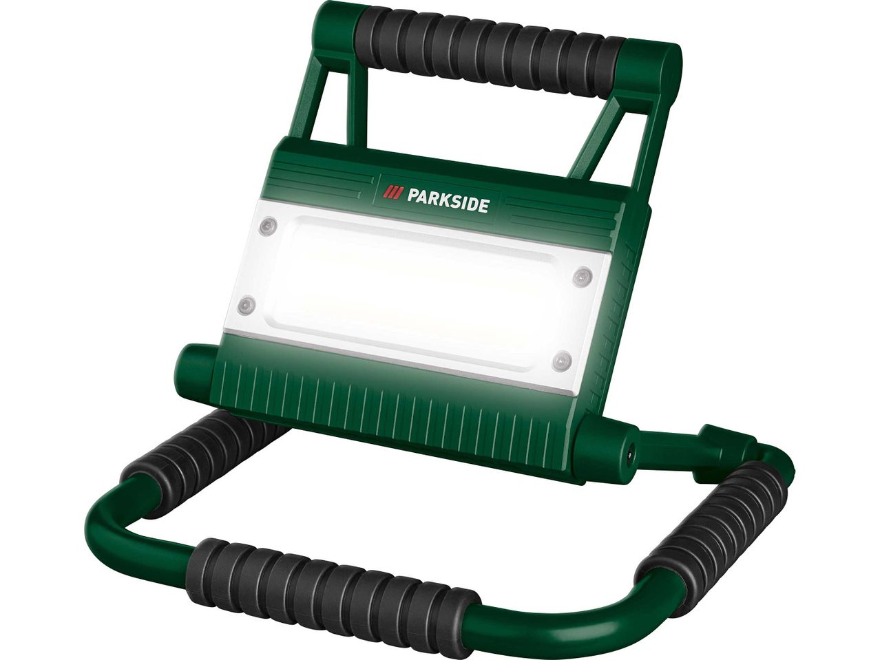 Parkside LED-es munkalámpa zöld és fekete színben, fehér háttér előtt.