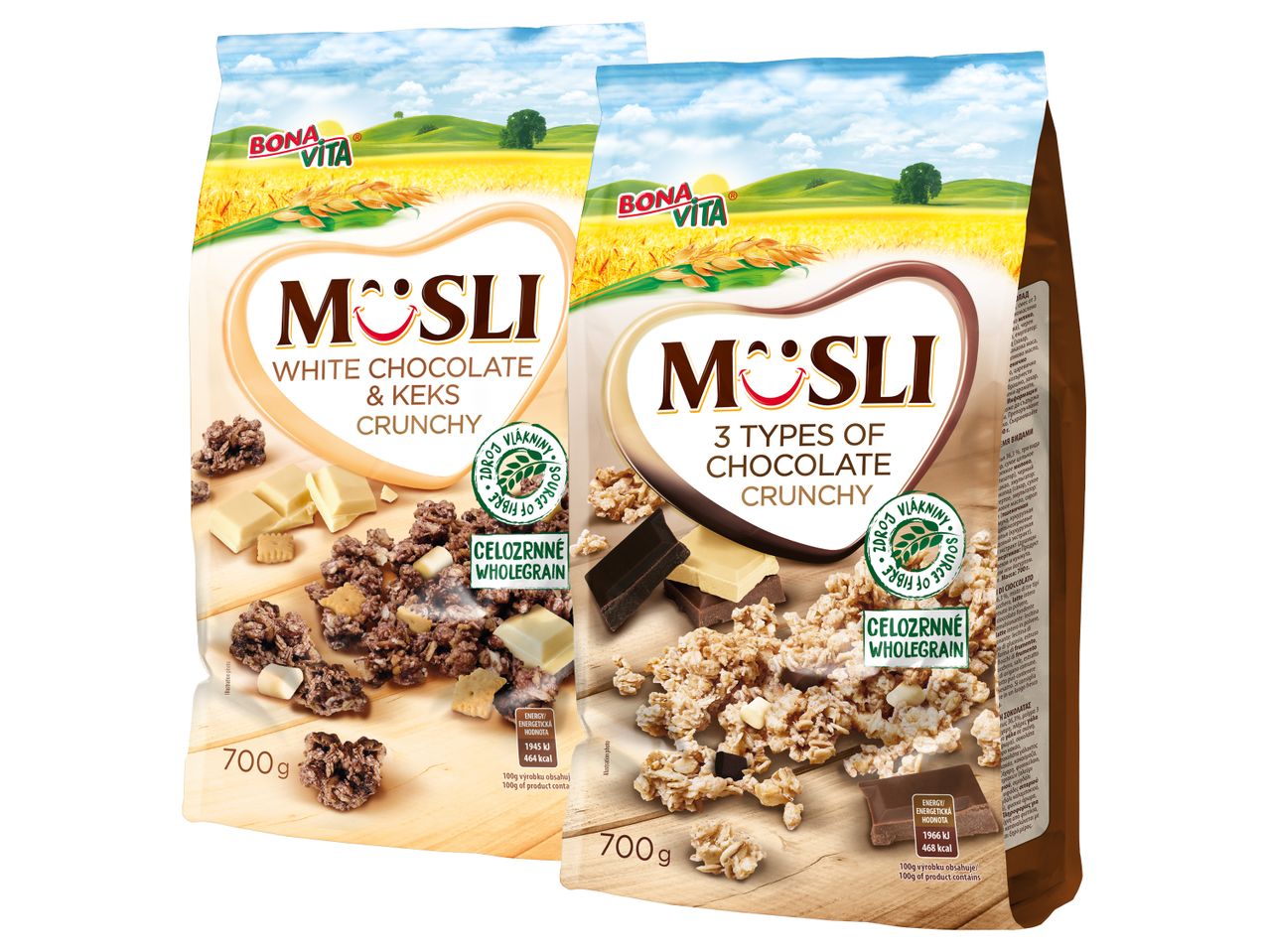 Dvě balení müsli Bona Vita: jedno s bílou a sušenkami, druhé s trojitou čokoládou.