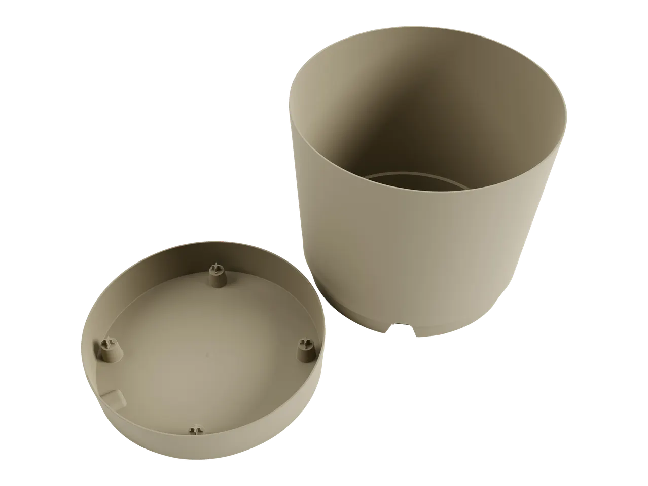 Beige plastic pot and saucer.