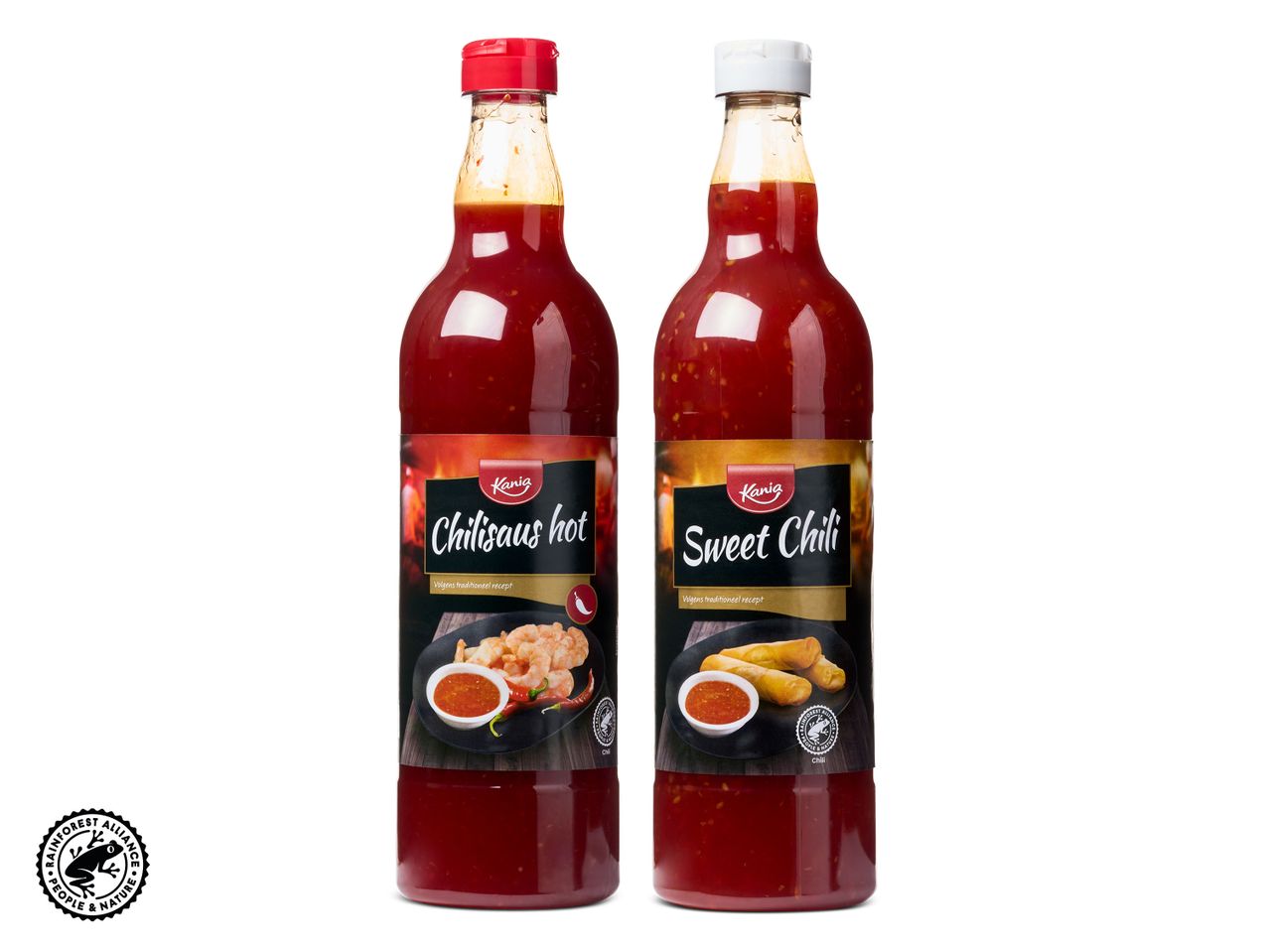 Twee flessen Kanja chiliketchup: Chilisauce hot en Sweet Chili.
