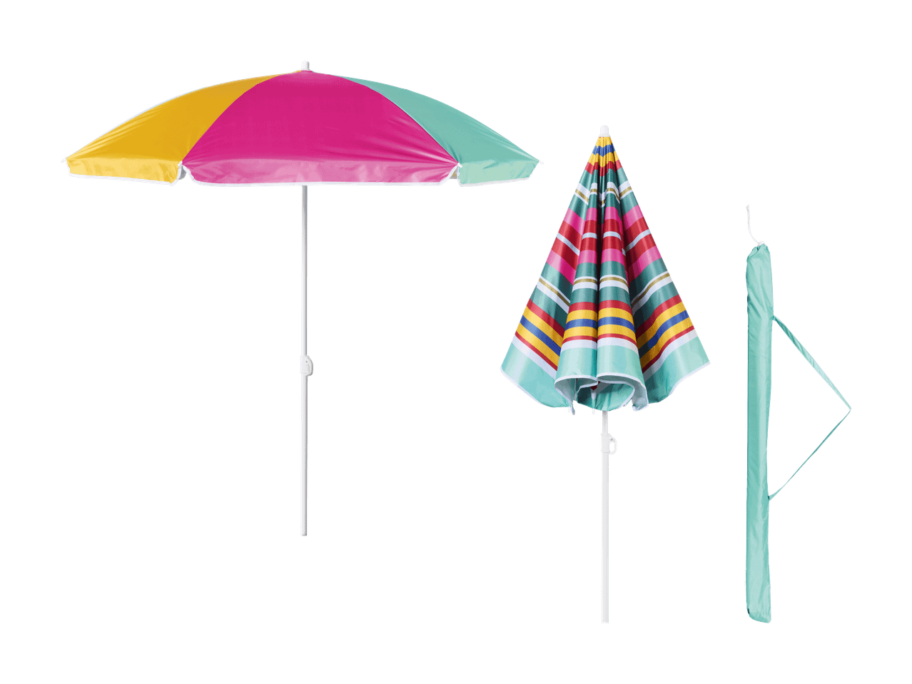 Parasol de plage ouvert et fermé, avec housse de transport.