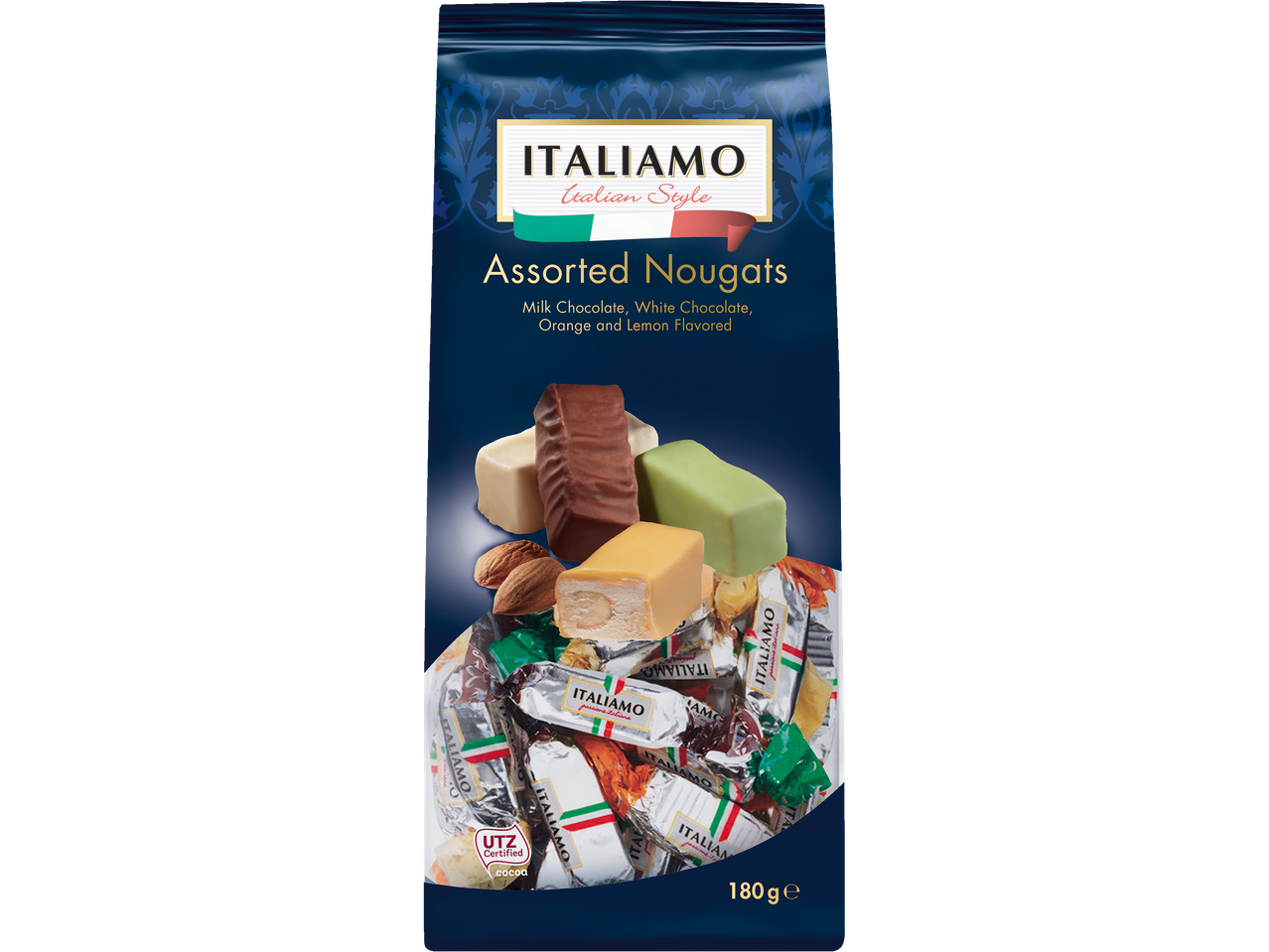 Italiamo Assorti Nougats in melk-, witte, sinaasappel- en citroensmaken.
