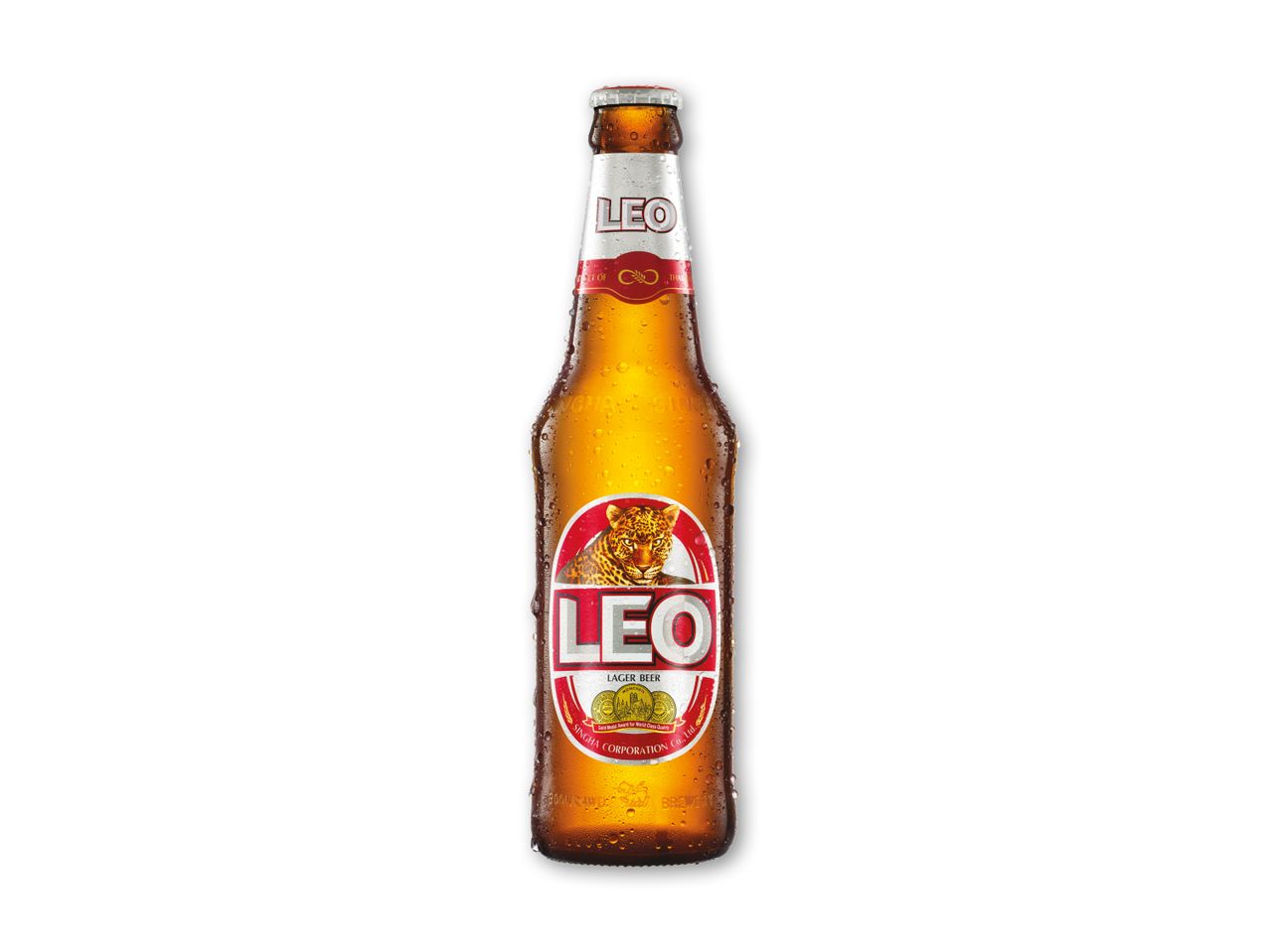 En kold flaske lagerøl med en leopard på etiketten.