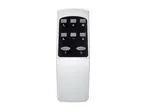 White remote control with black buttons for fan speed, mode, timer, and power.
