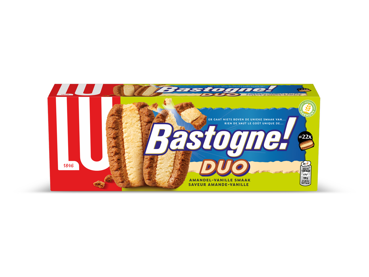Een verpakking amandel-vanille koekjes met een afbeelding van de koeken.