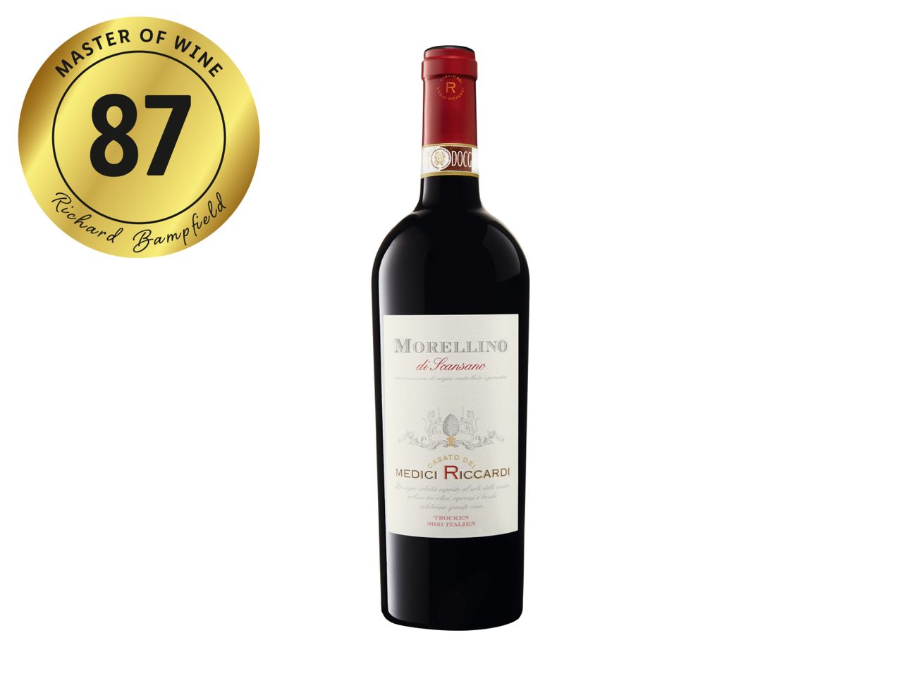 Red wine bottle with a gold Master of Wine 87-point rating seal.