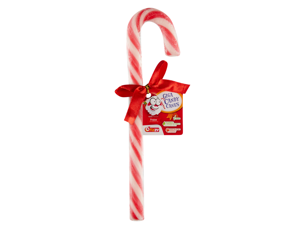 Червено-бял бонбон бастунче с етикет Giga Candy Canes и червена панделка.