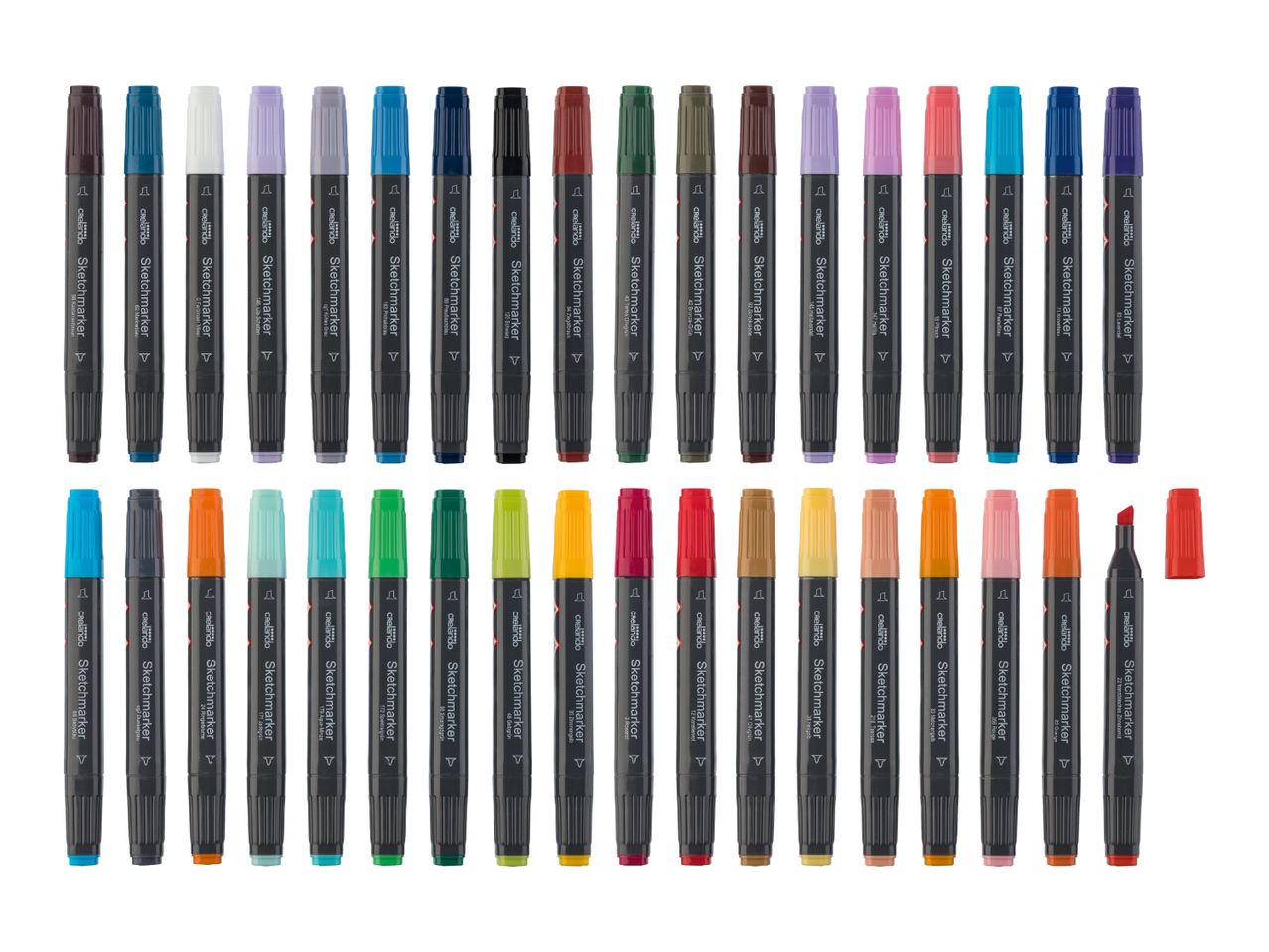A collection of Crelando Sketchmarkers in various colors, arranged in two rows.