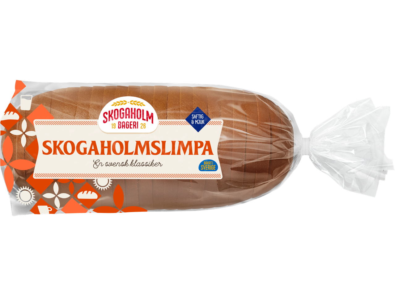 Skogaholmslimpa, ett skivat bröd i plastförpackning med orange och vit etikett.