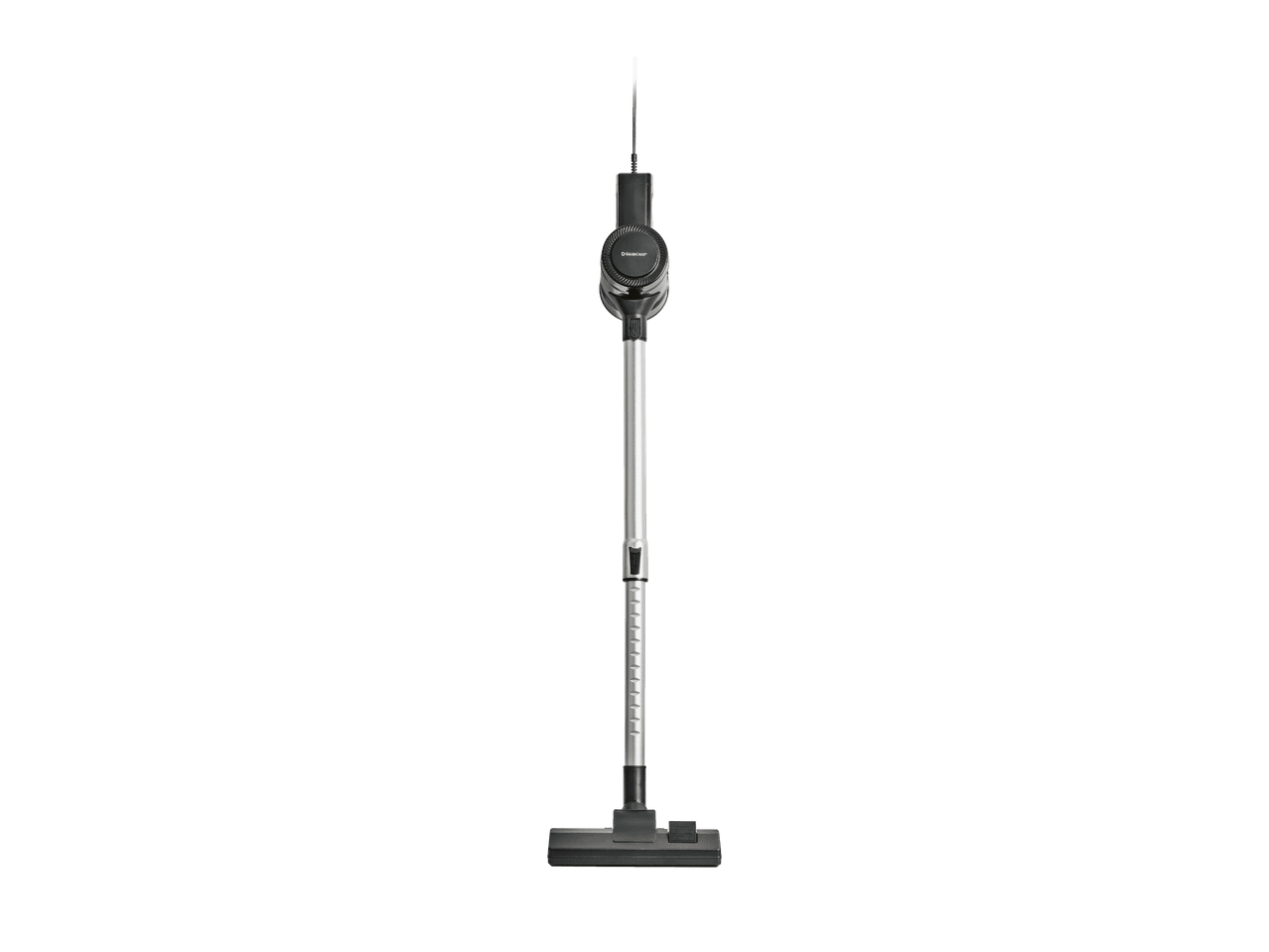 Aspirateur balai noir et argent sur fond noir.