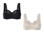 Zwei Büstenhalter, einer in Schwarz und einer in Beige, mit Spitzenbesatz.