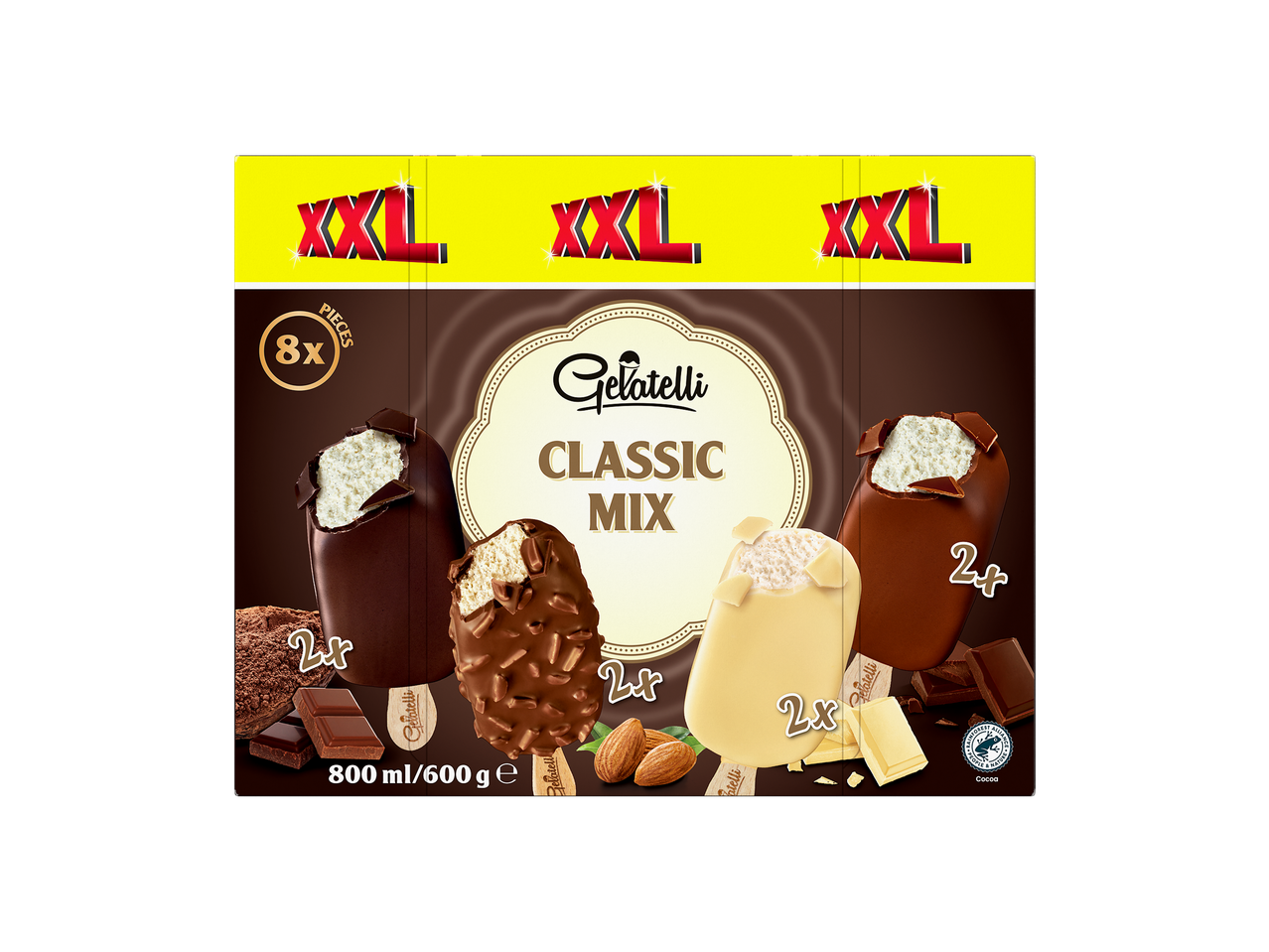 Gelatelli Maxi Mix XXL: 8 gelados clássicos de chocolate, amêndoa e branco.