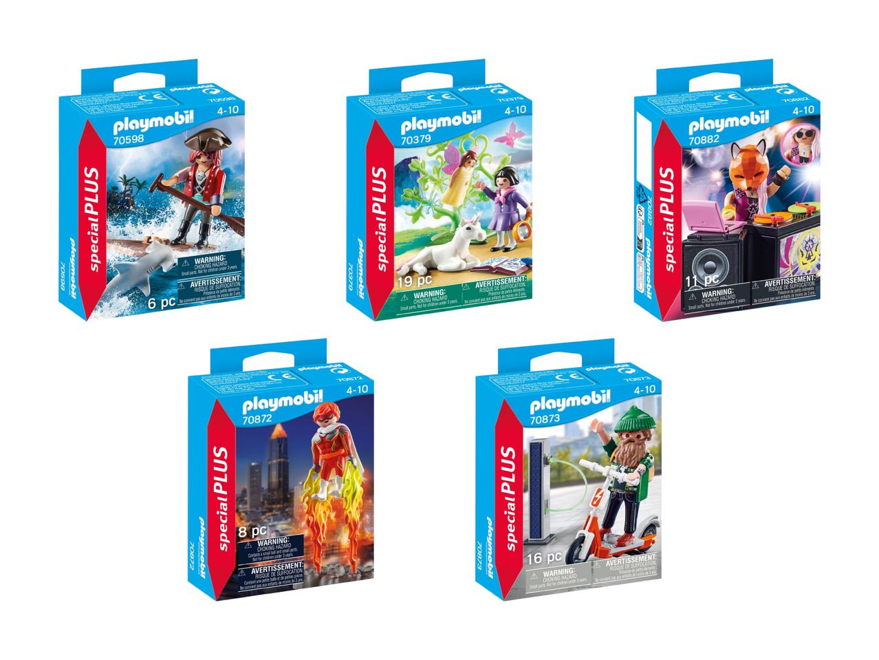 Fem Playmobil Special Plus-sæt, herunder en pirat, fe, DJ-ræv, jetpack-figur og en mand med scooter.