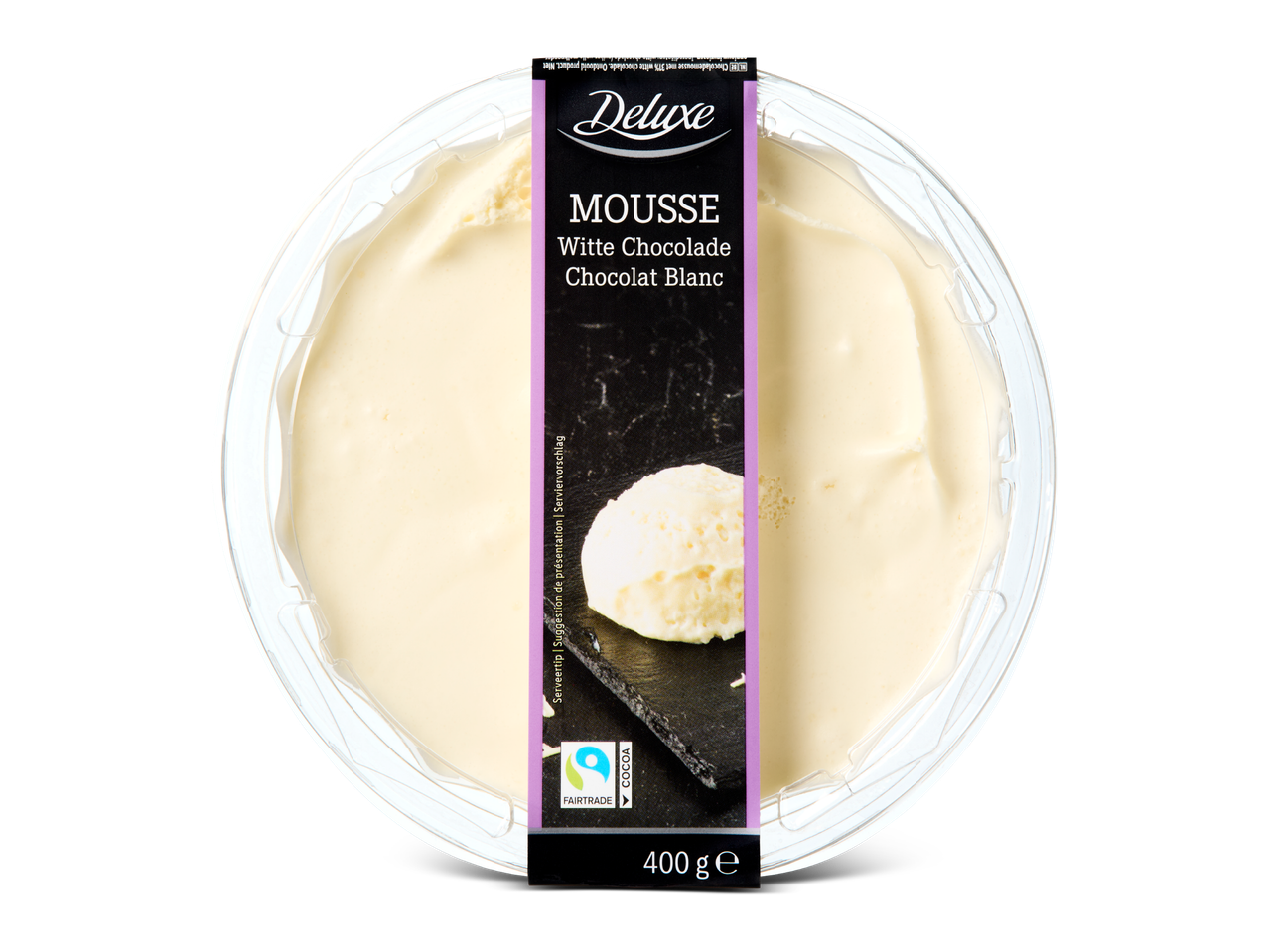 Witte chocolademousse in een doorzichtige verpakking, met een Fairtrade-logo en 400g.