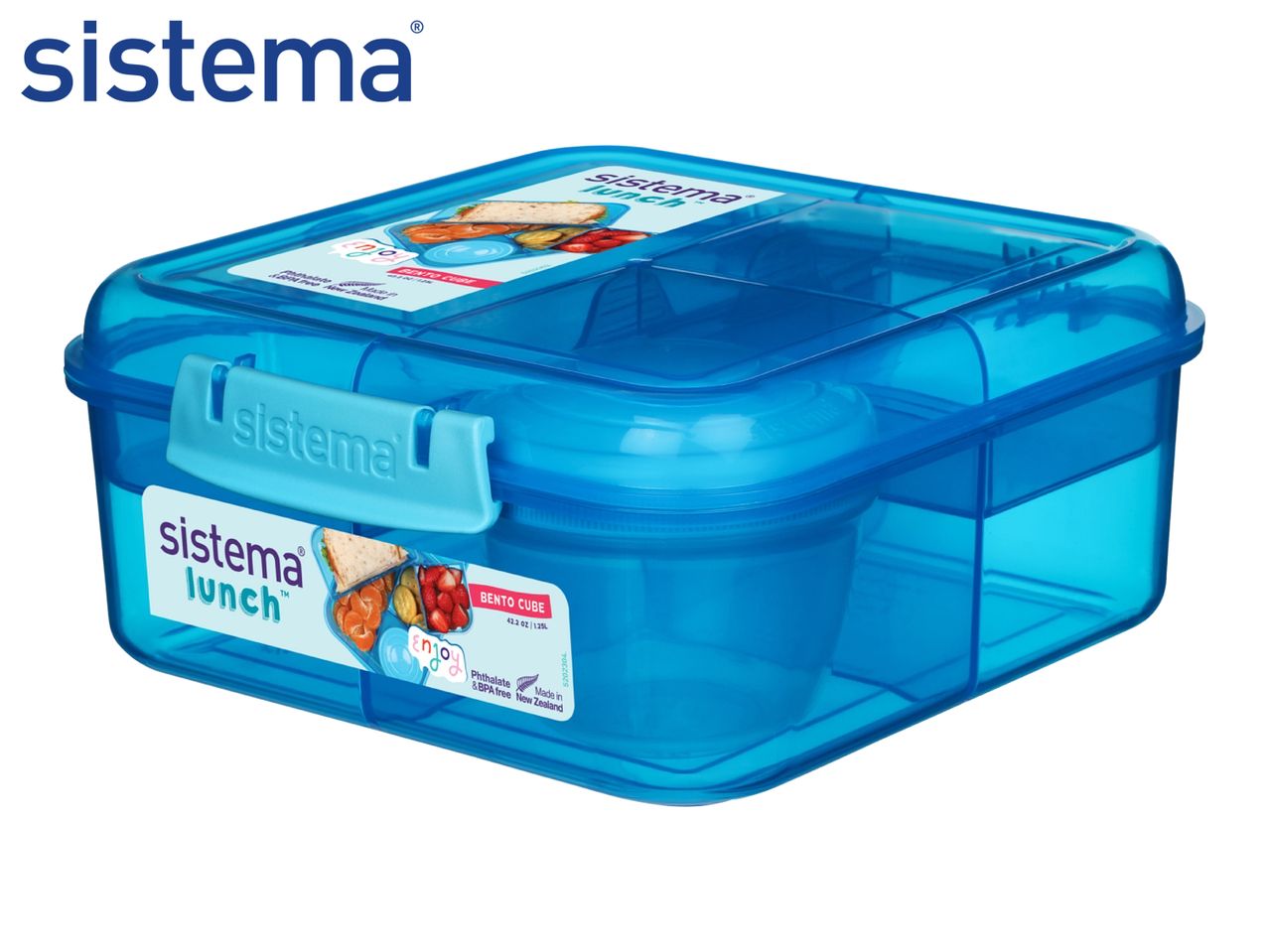 Blue bento lunch box with multiple compartments, including a small container, filled with food.